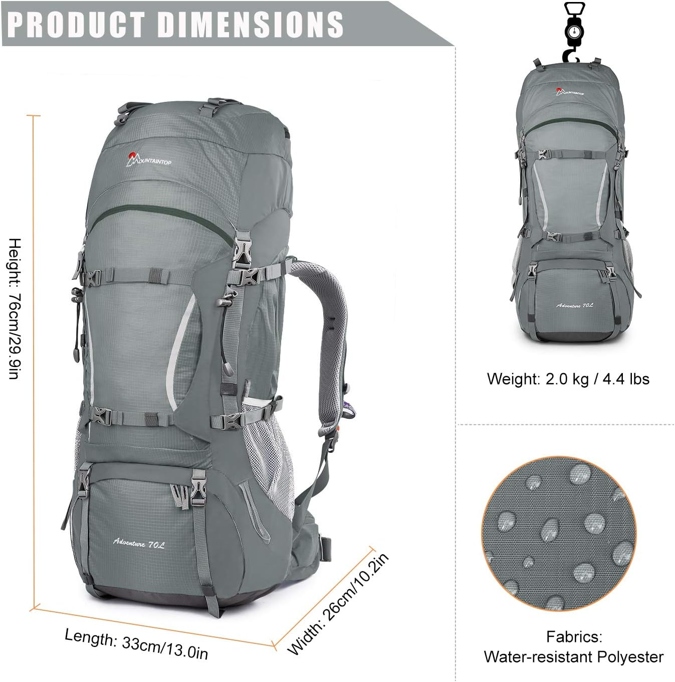70L Internal Frame Hiking Backpack for Men Women with Rain Cover, 29.9 * 13 * 10.2In, Gray - Image 2