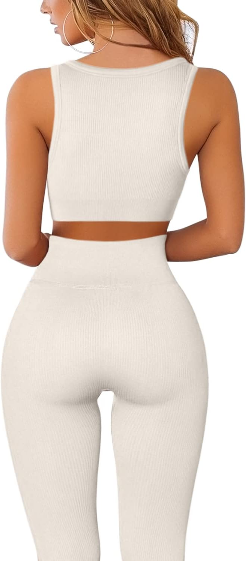 Women'S Sexy Yoga Sports Bra Ribbed Seamless Bodycon Exercise Leggings Sets 2 Piece Outfits Beige L - Image 2