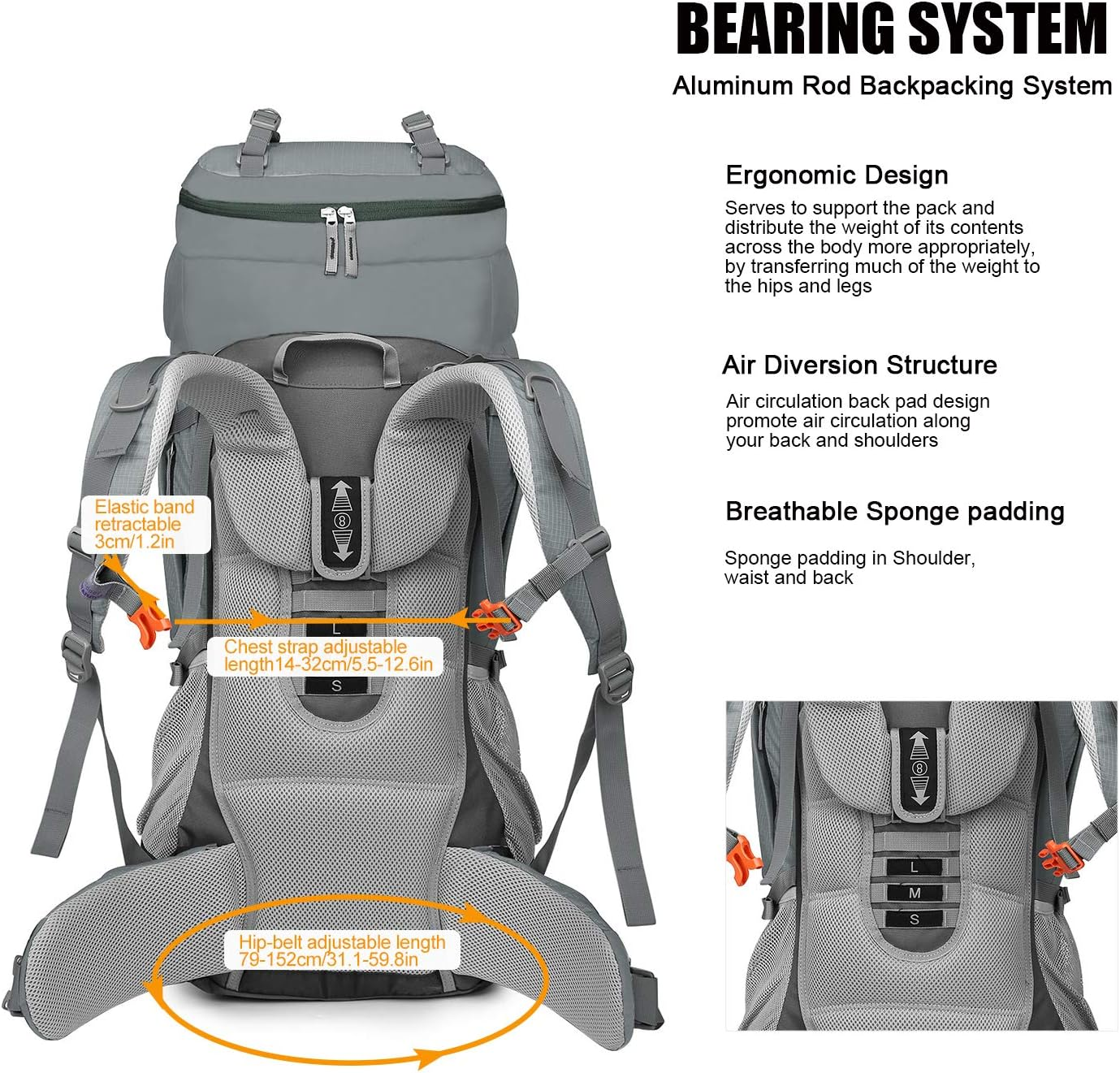 70L Internal Frame Hiking Backpack for Men Women with Rain Cover, 29.9 * 13 * 10.2In, Gray - Image 5