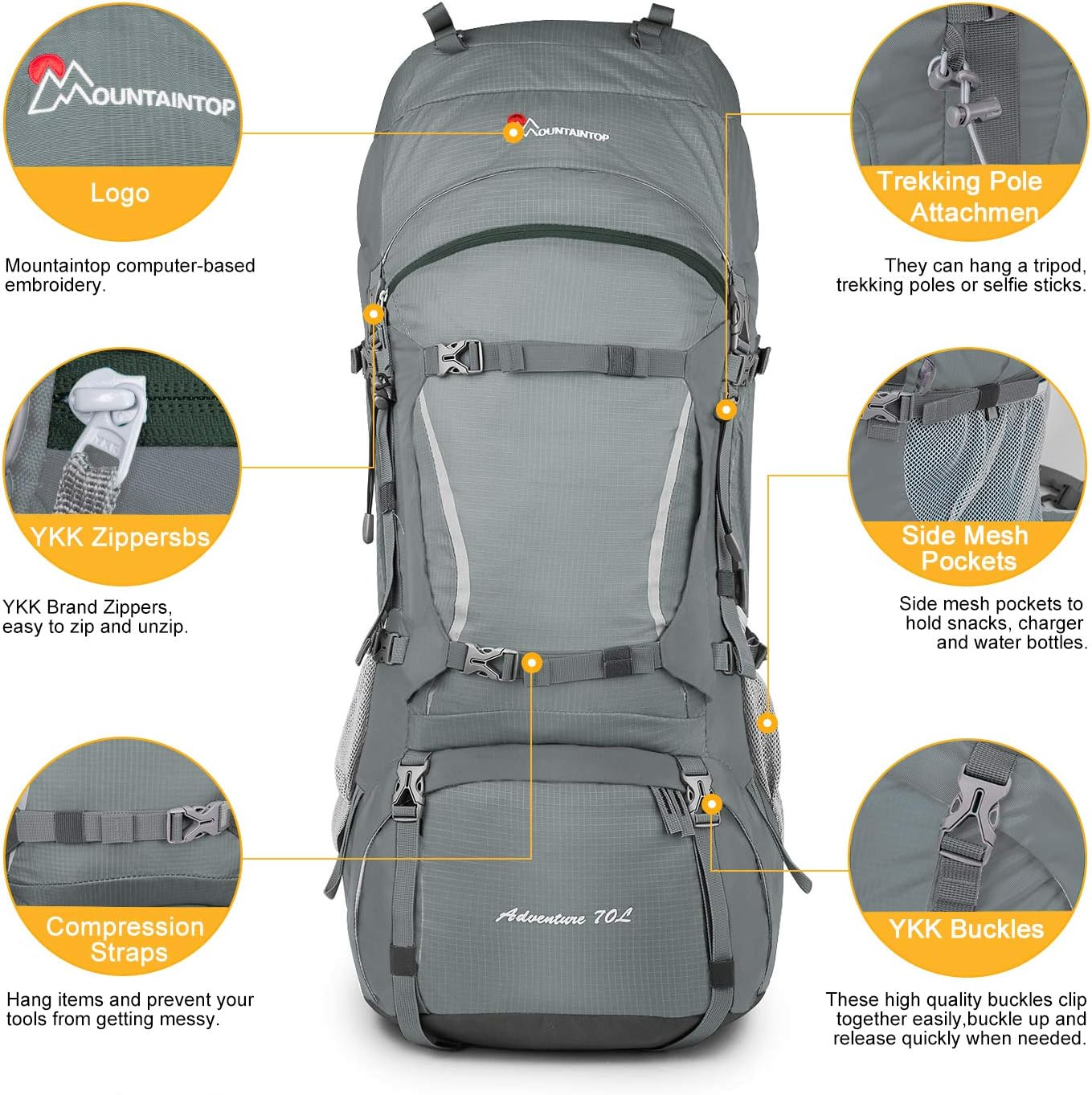 70L Internal Frame Hiking Backpack for Men Women with Rain Cover, 29.9 * 13 * 10.2In, Gray - Image 3