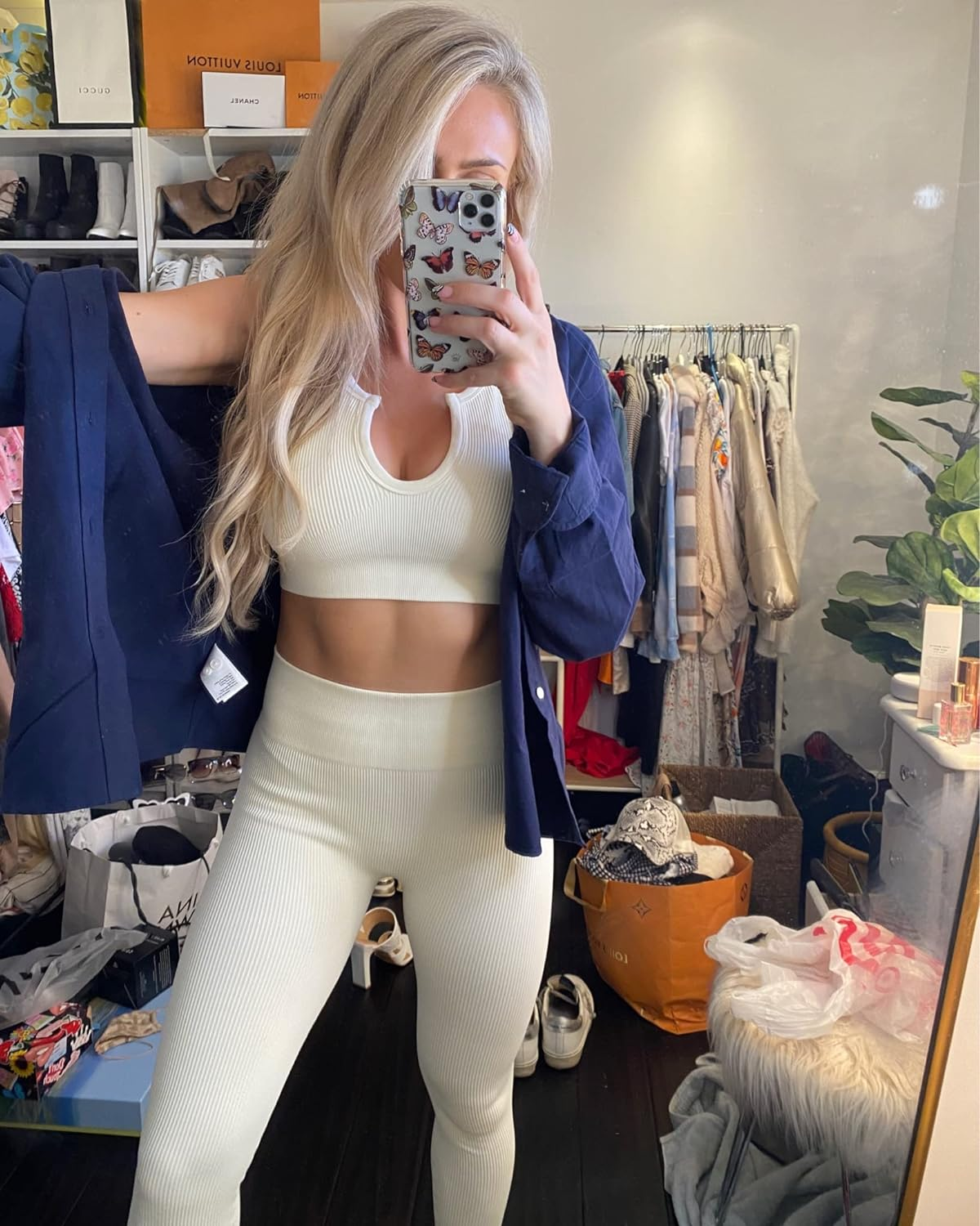 Women'S Sexy Yoga Sports Bra Ribbed Seamless Bodycon Exercise Leggings Sets 2 Piece Outfits Beige L - Image 5