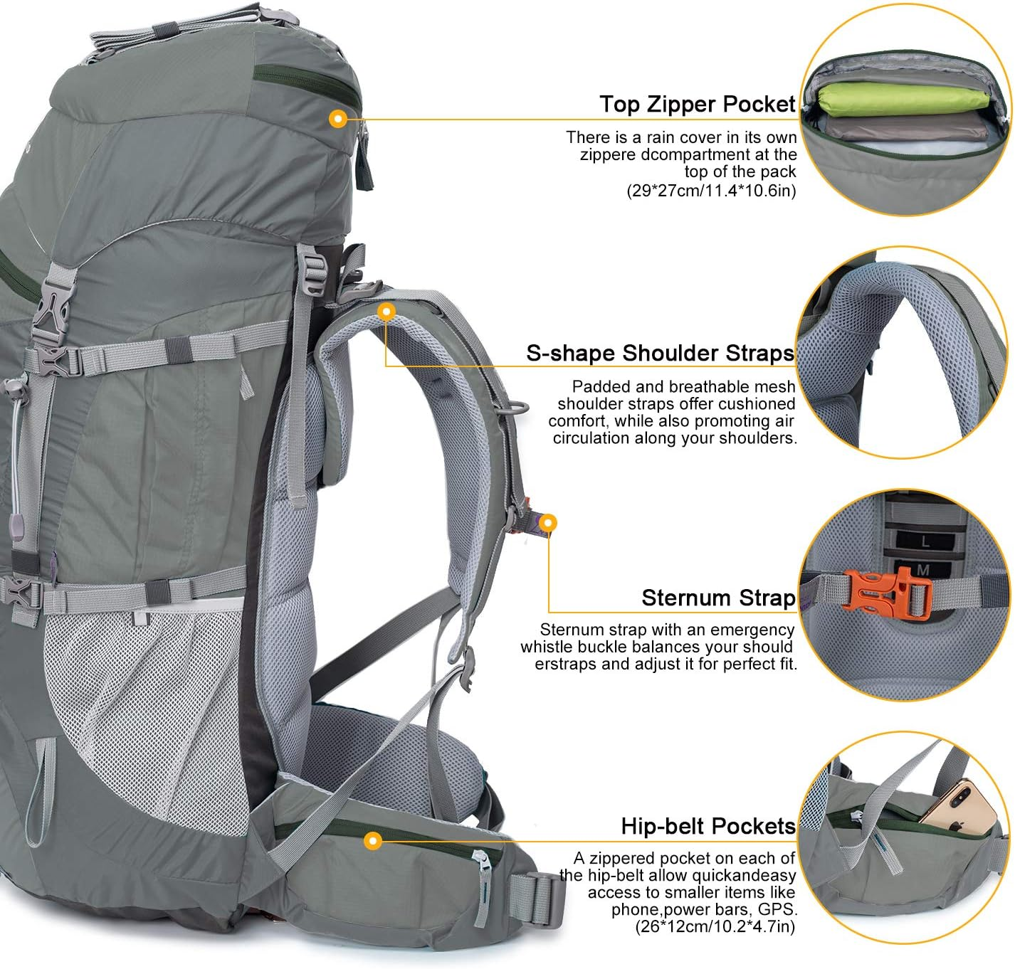 70L Internal Frame Hiking Backpack for Men Women with Rain Cover, 29.9 * 13 * 10.2In, Gray - Image 4